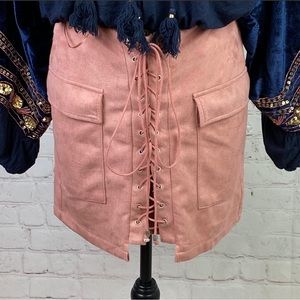 Fantastic Fawn Pink Faux Suede Lace Up Mini Skirt